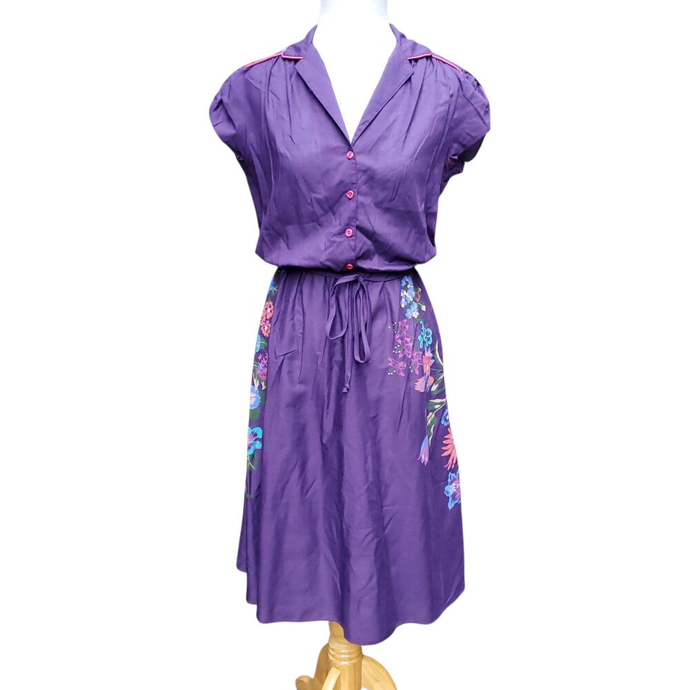 Vintage Purple Belted Shirt Dress Short Sleeve Floral Print Fits a Small